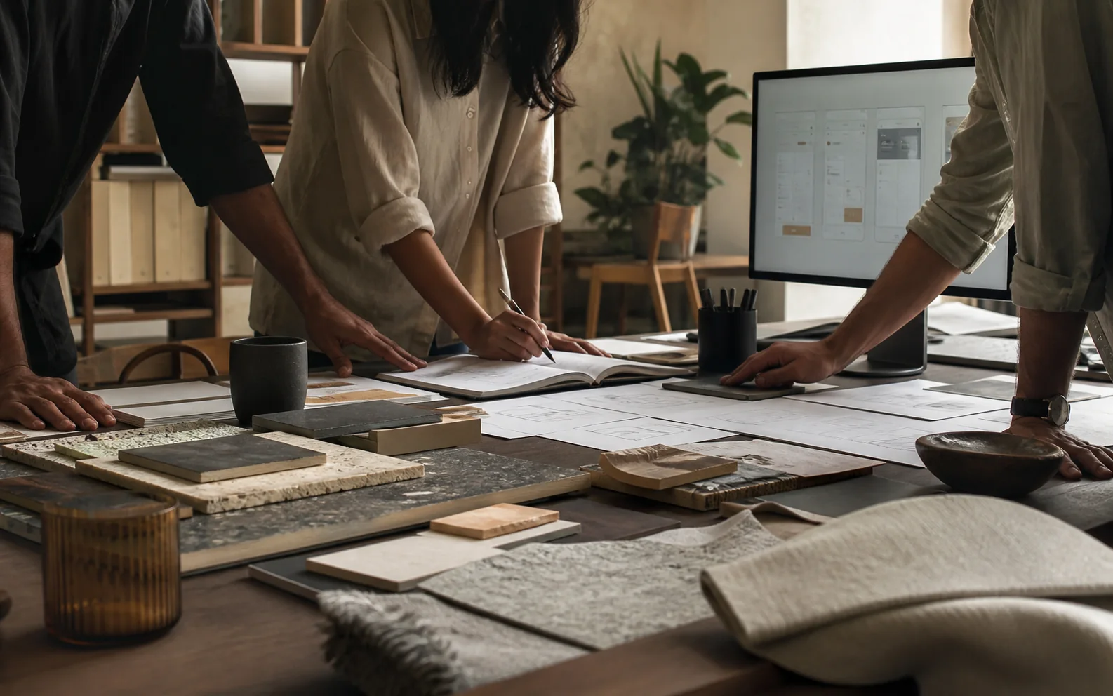 Editorial sample showing collaborators working around a digital product design table