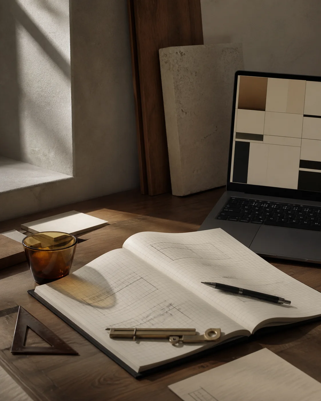 Editorial sample of a grid notebook, precision instruments and a modular digital interface in a warm studio